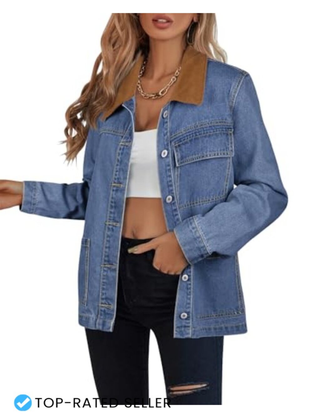 Women's Denim Jean Jacket Oversized Corduroy Collar Casual Button Front